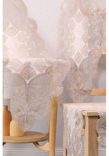 Avangart Kadife Fransız Güpürlü 5 Parça Salon Takımı - Vizon