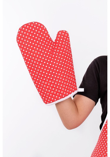 Trendy 3lü Set Sıvı Su Geçirmez Mutfak Önlüğü Isıya Dayanıklı Fırın Eldiveni Ve Tutacak Çeyiz Seti Kırmızı Puantiye