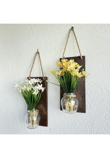 Led Işıklı, Sarı Ve Beyaz Nergis Çiçekli Duvar Dekoru Ceviz İkili Set Ceviz