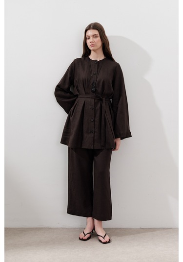 Keten Pensli Tunik Acı Kahve Acı Kahve