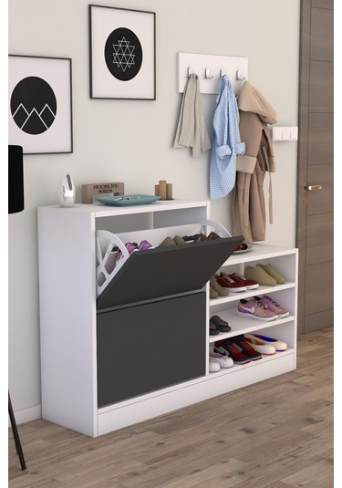 Anatolia 2 Kapak Kayar Raflı Ayakkabılık Antrasit Gri Antrasit - Beyaz