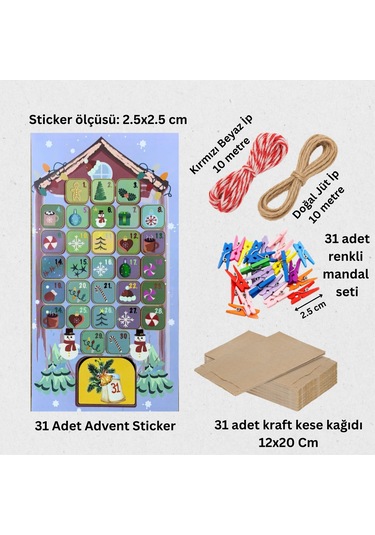 Yılbaşı Advent Takvimi Hediye Seti, Sticker-kraft Kese Kağıdı-renkli Ahşap Mandal-jüt&twine Baker İp
