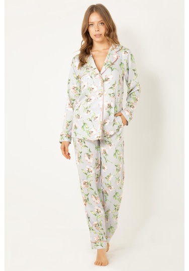 Doremi Çiçekli Doğal Viskon Soft Yumuşak Düğmeli Pijama Takımı 001
