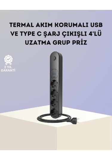 Nrzsnt Akım Korumalı Çoklu Priz 4 Lü 2 Usb 1 Type-c 2500w Güçlü Tasarım