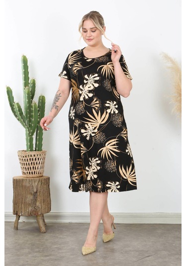 Kadın Siyah Vizon Floral Desen Midi Elbise Siyah