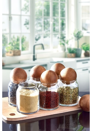 6'lı Ahşap Top Kapaklı Cam Kavanoz Seti Baharatlık Takımı 300 Ml Ahşap - Şeffaf