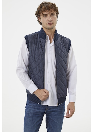 Fermuarlı Yarım Balıkçı Önü Kapitone Triko Yelek - Lacivert 001