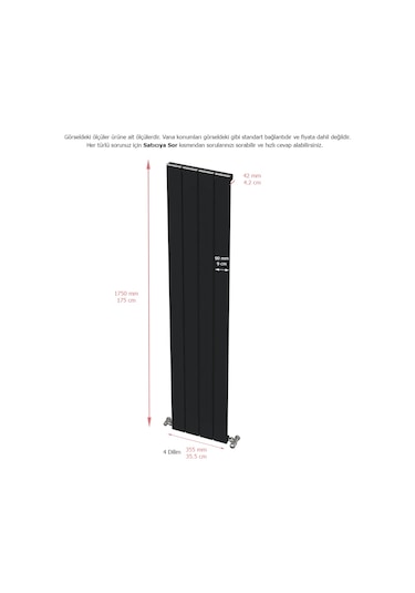 Hestia Alüminyum Dikey Radyatör Panel 1750 X 355 Siyah 4 Dilim