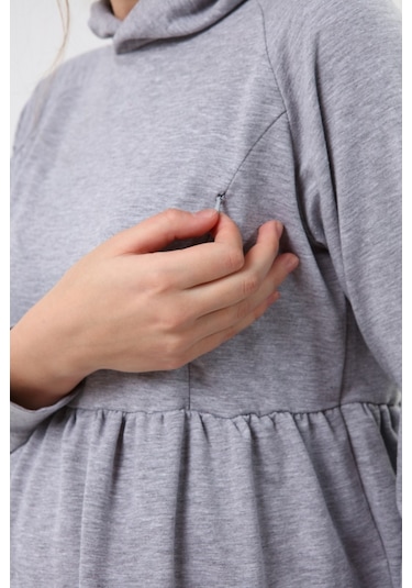 Luvmabelly Myra4530 Büzgülü Fermuarlı Emzirme Sweatshirt -Gri