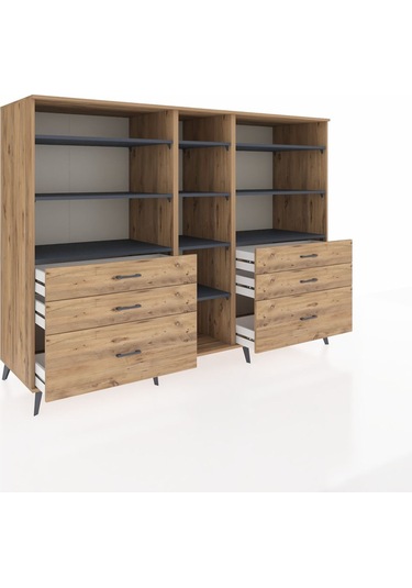 Kronos Dolap 10 Raflı 6 Çekmeceli 220x59x163 Çam-antrasit/çam Çam-antrasit/çam