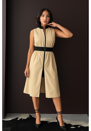 Kadın Dik Yaka Önü Fermuarlı Yırtmaçlı Baharlık Yazlık Beli Lastikli Şık Ceket Elbise Bej