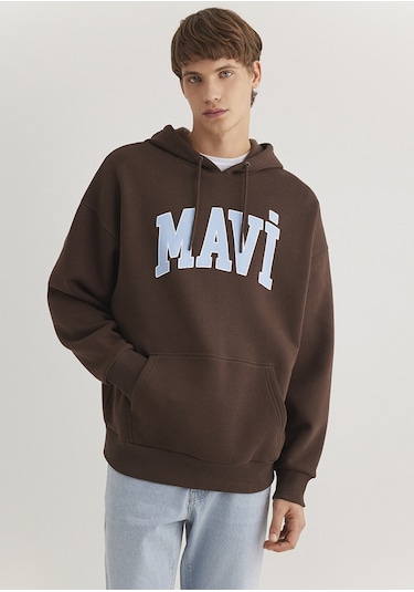 Mavi - Mavi Logo Baskılı Kapüşonlu Kahverengi Sweatshirt 067149-88067 Kahverengi