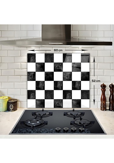 Decorita Cam Ocak Arkası Koruyucu | Damalı Desen | 52cm x 60cm