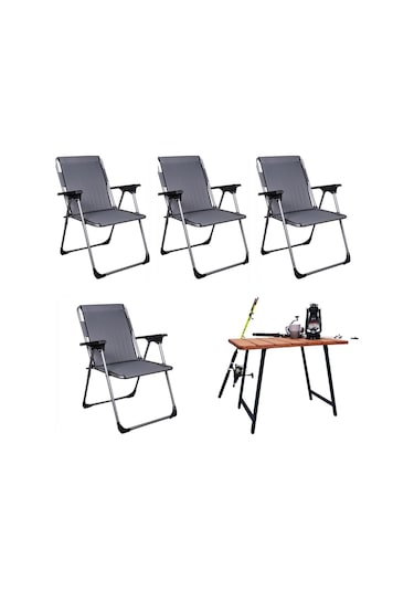 Alin Metal Lüks 4''lü Katlanır Sandalye Ve Masa Seti Gri Gri