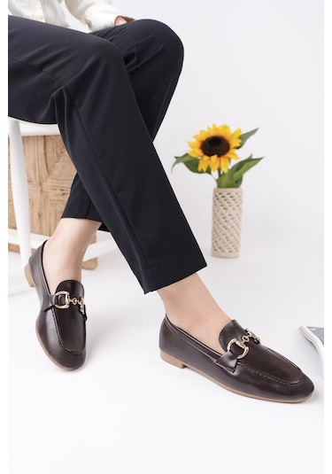 Muggo Stride Metal Tokalı Kadın Günlük Loafer Ayakkabı Kahverengi