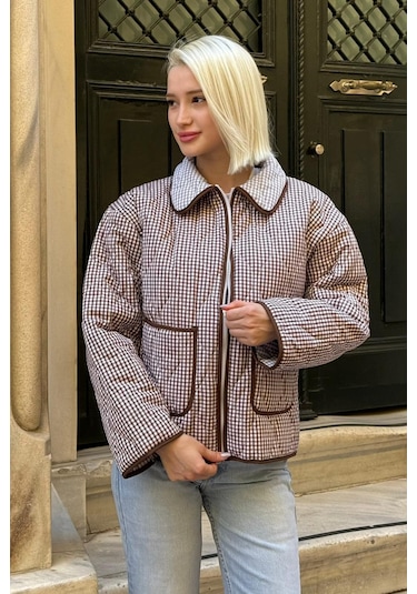 Kahverengi Pötikareli Cepli Kadın Mont Mg2488 Kahverengi