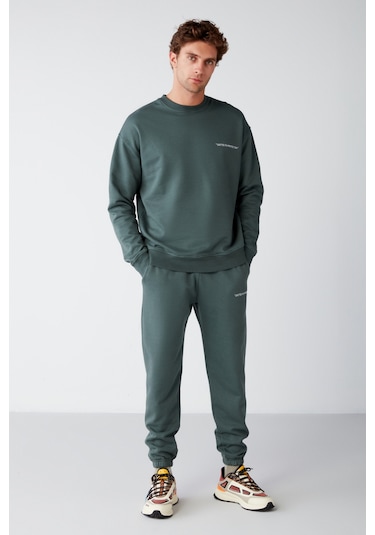 Raırok Erkek Içi Polarlı Comfort Oversize Nakışlı Koyu Yeşil Sweatshirt