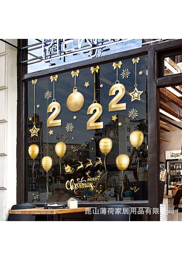 Geeksen Altın Renkli Elektrostatik Cam Sticker - Noel Yeni Yıl Pencere Kapı Dekorasyonu Altın