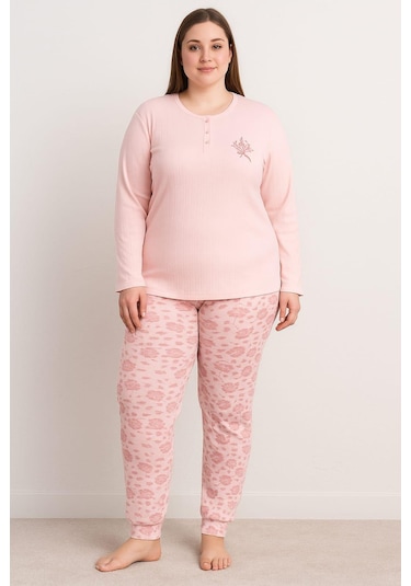 Kadın 0330 Büyük Beden Raporlu Pijama Takımı Pembe Pembe
