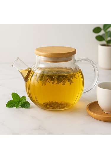 Dekorasyaa Isıya Dayanıklı Süzgeçli Cam Bambu Demlik 1000ml Cam