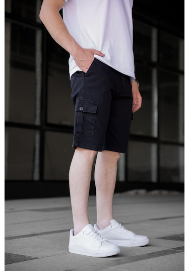 Siyah Renk Kargo Cepli Gabardin Erkek Şort-1800 Siyah