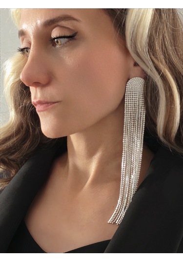 Uzun Sallantılı Tekli Beyoğlu Taşı Abiye Gold Renk Küpe Gümüş