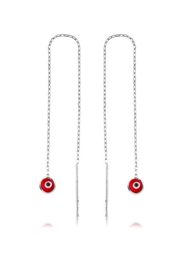 925 Ayar Gümüş Zincirli Kırmızı Nazar Küpe Gümüş