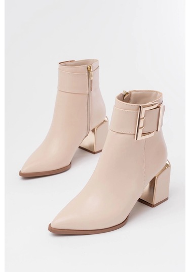 Dnz-400 Bej Toka Aksesuarlı Topuklu Fermuarlı Günlük Kadın Bot Bej