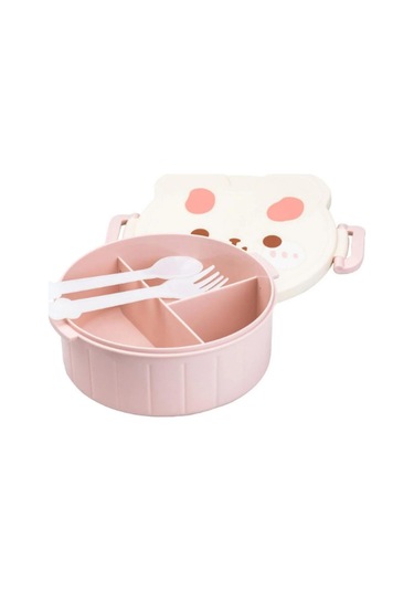 Teddy Bear Çocuklar İçin Çatal Ve Kaşıklı Üç Bölmeli Plastik Beslenme Kutusu Pembe