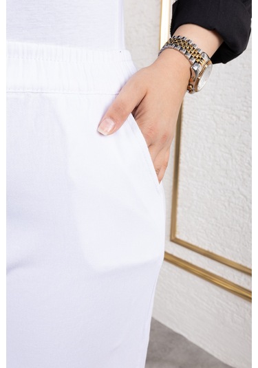 Beli Lastikli Keten Pantolon - Beyaz / A0104 Beyaz