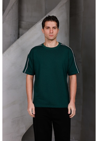 Erkek Şeritli Oversize Bisiklet Yaka 2 İki İplik Kompakt T-shirt Nefti