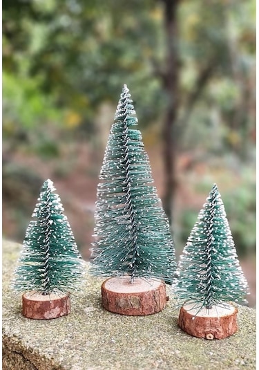 3 Lü Set Nevada Mini Çam Ağacı Uçlarına Kar Yağmış Karlı Yılbaşı Hediyesi 15 - 12 - 8 Cm