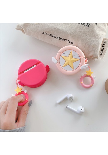 Kosona Airpods Uyumlu İçin Pembe Büyüsel Yıldız Desenli Silikon Kılıf - 360 Derece Koruma Ve Taşıma Kayışı Gül