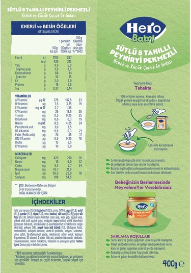Hero Baby Sütlü 8 Tahıllı Peynirli Pekmezli 400g X6