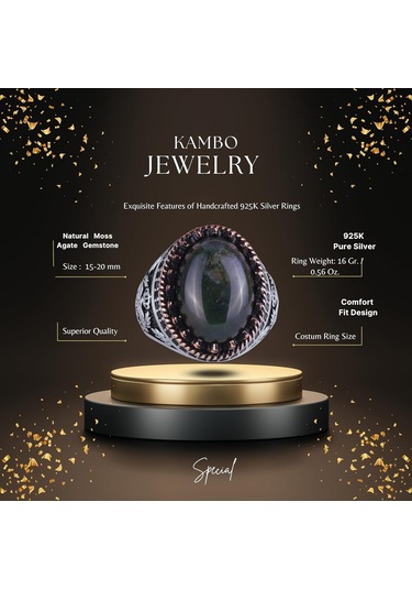 Gerçek Doğal Taş Yüzük - El Yapımı Kartal Yüzüğü - 925 Ayar Gümüş Moss Agate Yüzük Gümüş