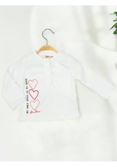 Kız Bebek Pamuklu İnce Uzun Kollu Kalp Desenli Bluz-14897 Ekru
