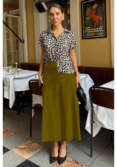 Yağ Yeşili Süet Uzun Etek Mg2549 Yağ Yeşili