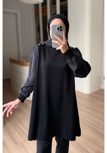 Kahijab Omzu Düğmeli Yarım Balıkçı Merserize Tunik - Siyah