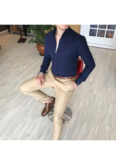 Italyan Stil Slim Fit Dik Yaka Saten Erkek Gömlek Koyu Lacivert T