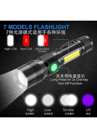Ranyeek Usb Şarjlı Ultraviyole Ateşböceği Işığı Kırmızı-pembe Işık 7 Fonksiyonlu Cob El Feneri Sulu Dayanıklı 2079 Çift Kaynak + Şarj Kablosu + Li-pil Çok Renkli