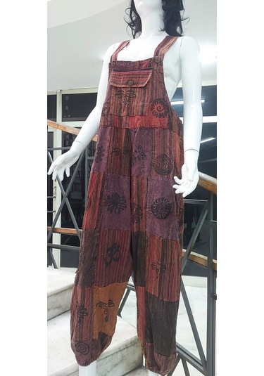 Hint Otantik Yıkamalı Taşlanmış Kahve Tonlu Şalvar Tulum Çok Renkli