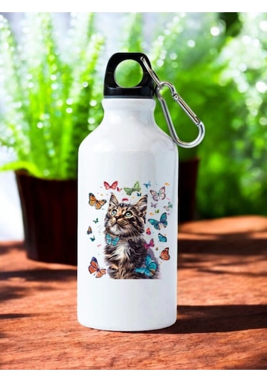 Kelebeklere Bakan Kedi Baskılı Matara Suluk Beyaz