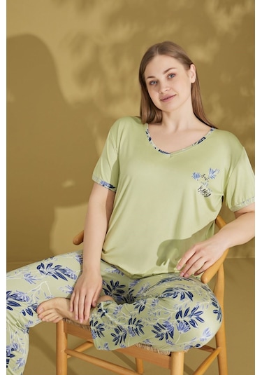 Kadın Düğmesiz V Yaka Yazlık Pamuk Likra Büyük Beden Kısa Kol Pijama Takımı Açık Yeşil