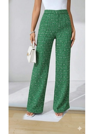 Tua Moda Kadın Yüksek Bel Paçaya Doğru Geniş Dokuma Pantolon Yeşil
