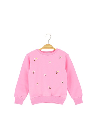Küçük Papatyalar Nakışlı İki İplik Şardonlu Sweatshırt Pembe