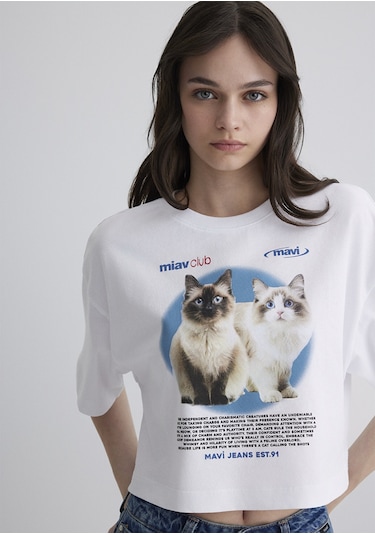 Mavi - Kedi Baskılı Beyaz Tişört 1613098-620 Beyaz