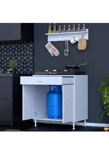 Doqu Xl Set Ocak Altı Dolap 70x88x56 Cm, Çekmeceli, Kapaklı, Tüp Bölmeli Ve Baharat Raflı Beyaz Beyaz