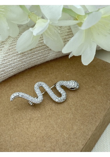 Kyver Yılan Model Full Zirkon Taşlı Broş Silver