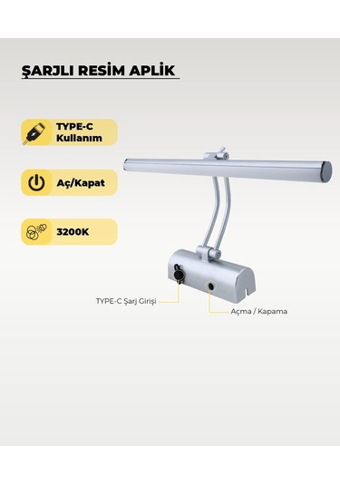 Şarjlı Krom Flüt Aplik 3200k Sarı Işık Elektrik Gerektirmez Krom