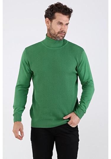 Çizgi Triko Erkek Tam Balıkçı Yaka Pamuklu Triko Kazak 4669E Yeşi Yeşil